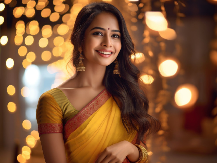 Indian woman in traditional yellow saree exudes joy with a warm smile