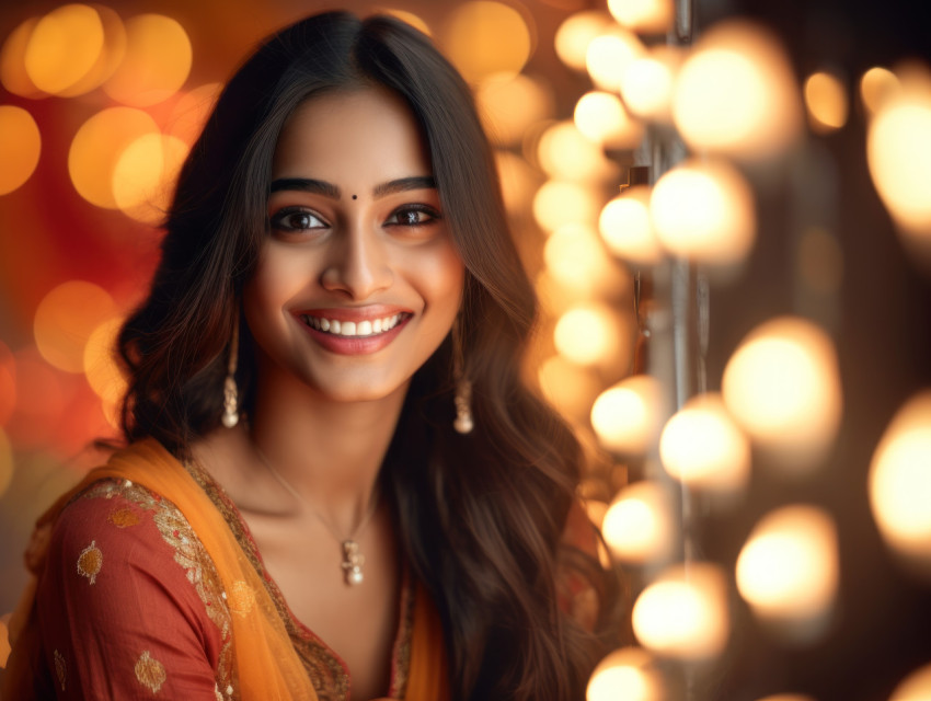 Radiant Indian woman glows amidst sparkling lights