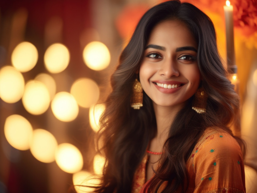 Radiant Indian woman glows amidst sparkling lights