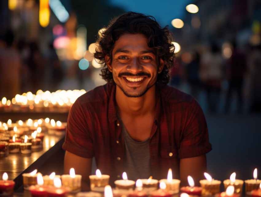 Indian man celebrates Diwali with candles