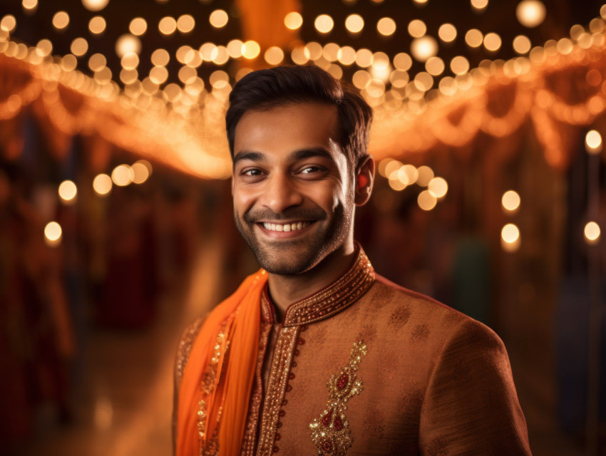 A joyful Indian groom smiles amidst the vibrant lights of his wedding celebration