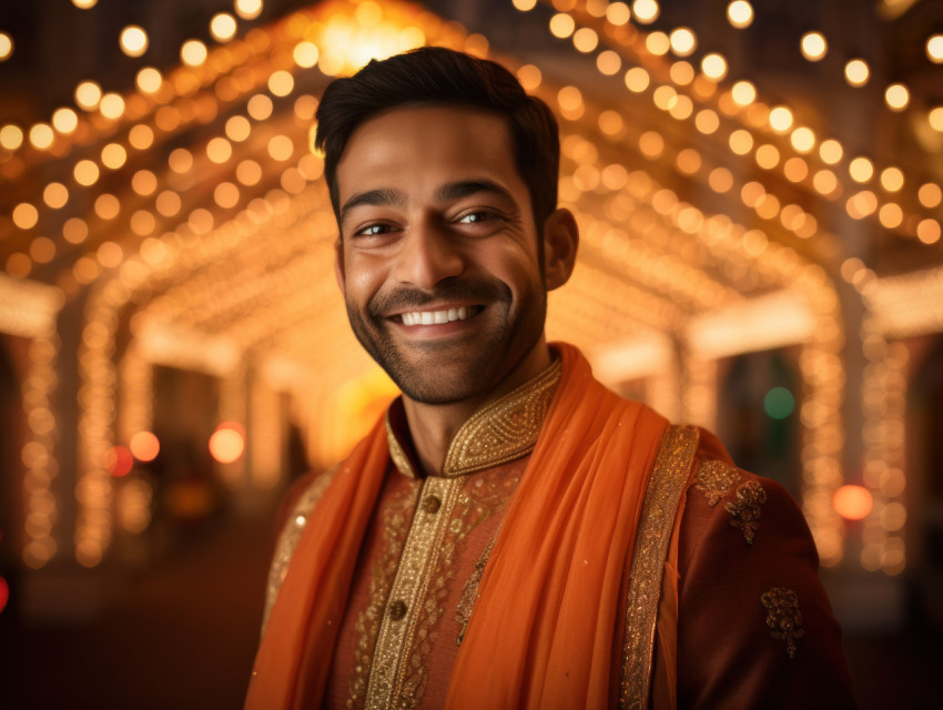 A joyful Indian groom smiles amidst the vibrant lights of his wedding celebration