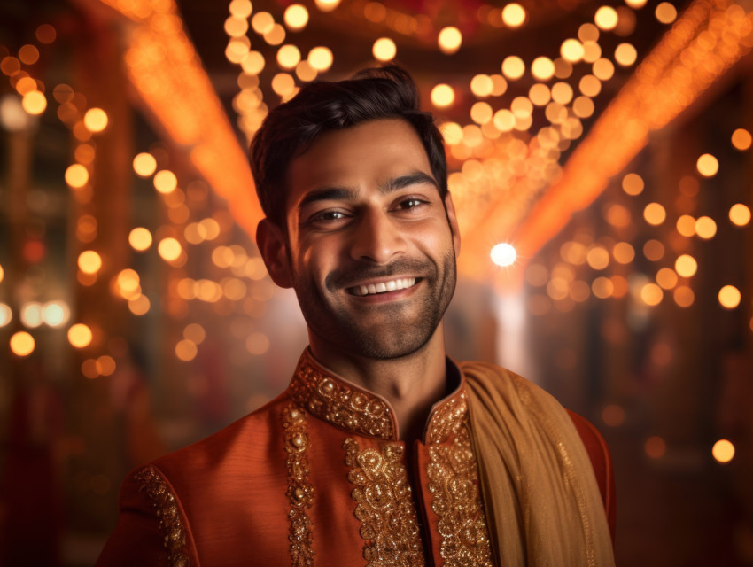 A joyful Indian groom smiles amidst the vibrant lights of his wedding celebration