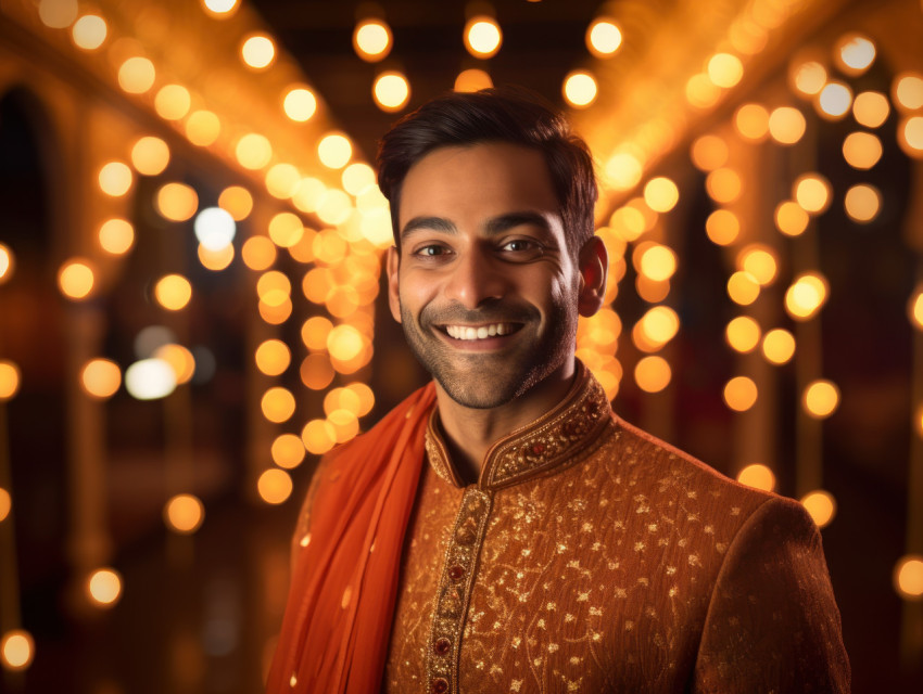 A joyful Indian groom smiles amidst the vibrant lights of his wedding celebration