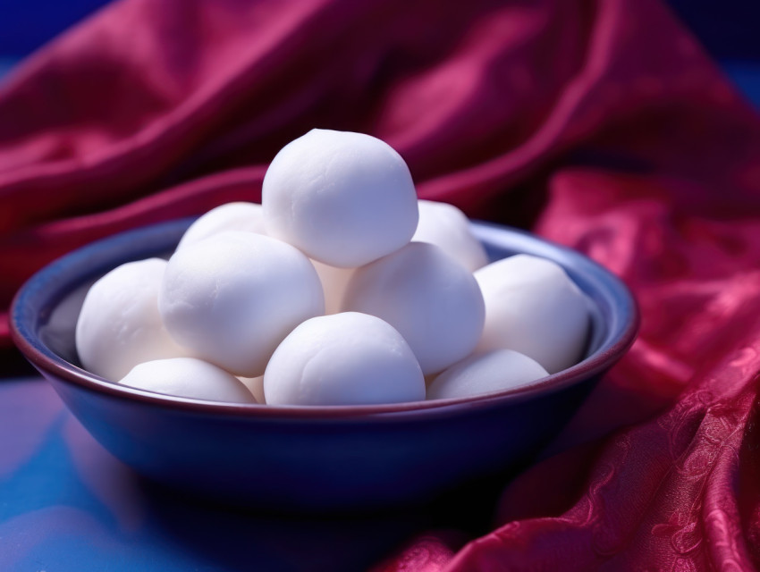 Blue bowl of rasgulla balls on a vibrant purple cloth