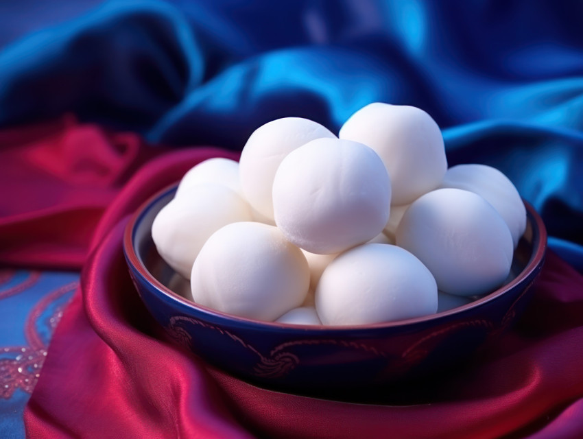 Blue bowl of rasgulla balls on a vibrant purple cloth