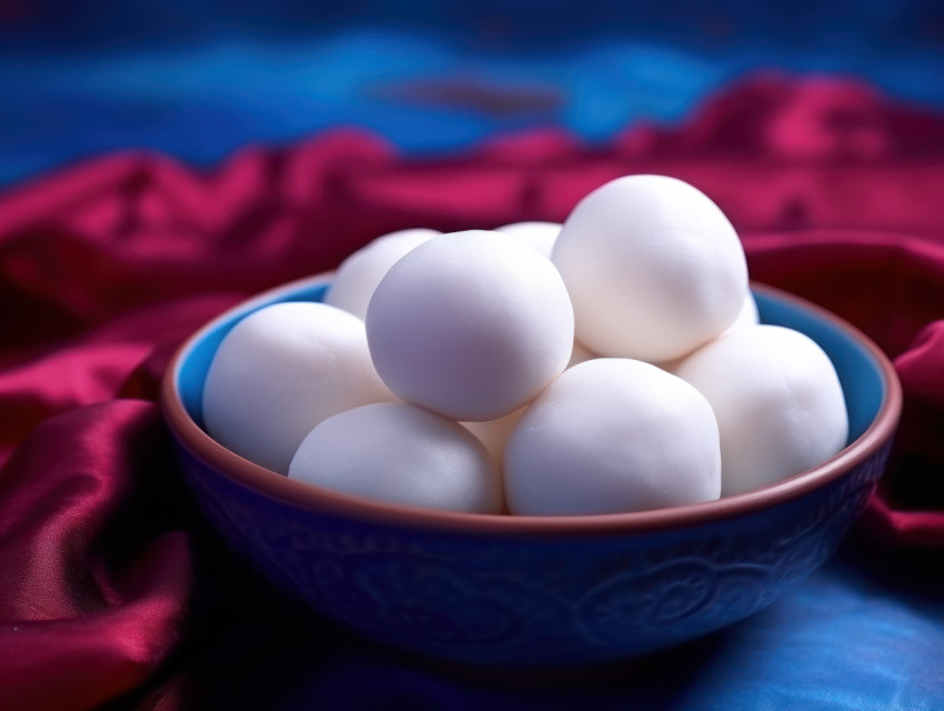 Blue bowl of rasgulla balls on a vibrant purple cloth