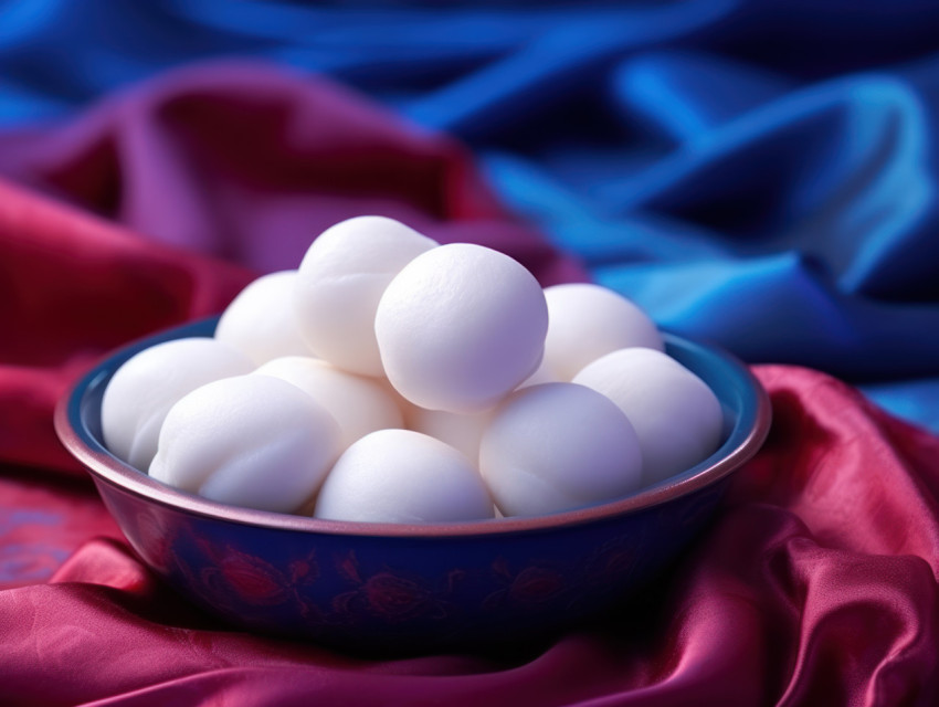 Blue bowl of rasgulla balls on a vibrant purple cloth