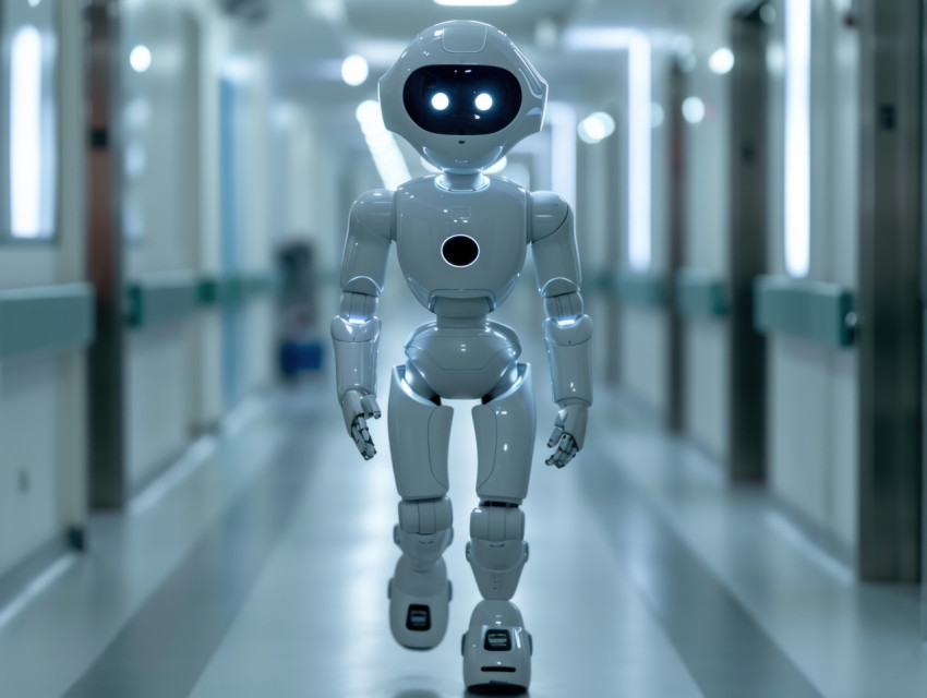 A robot with white robotic eyes is walking in a hospital hallway