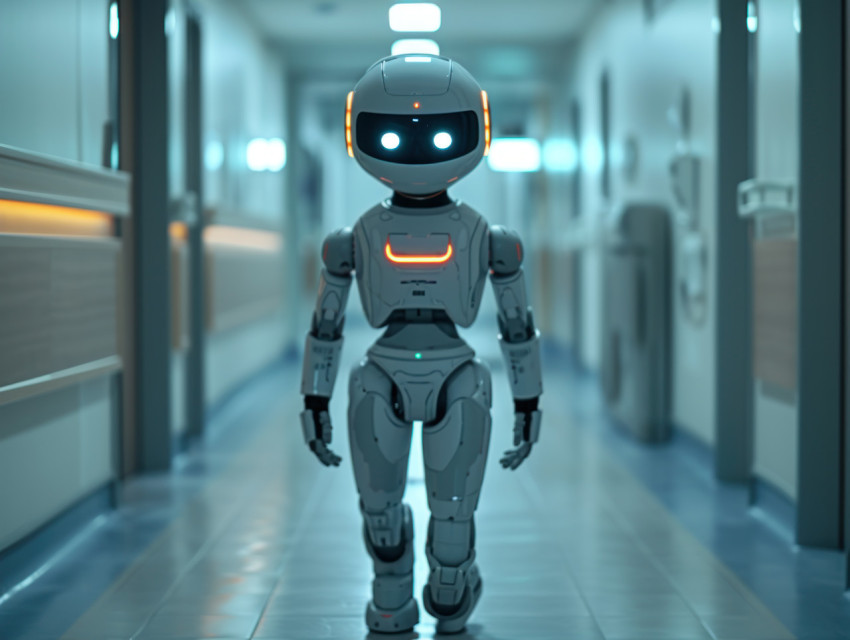 Robot with bright white eyes moving along hospital hallway