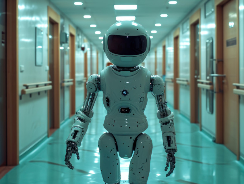 Humanoid robot positioned in a hospital hallway