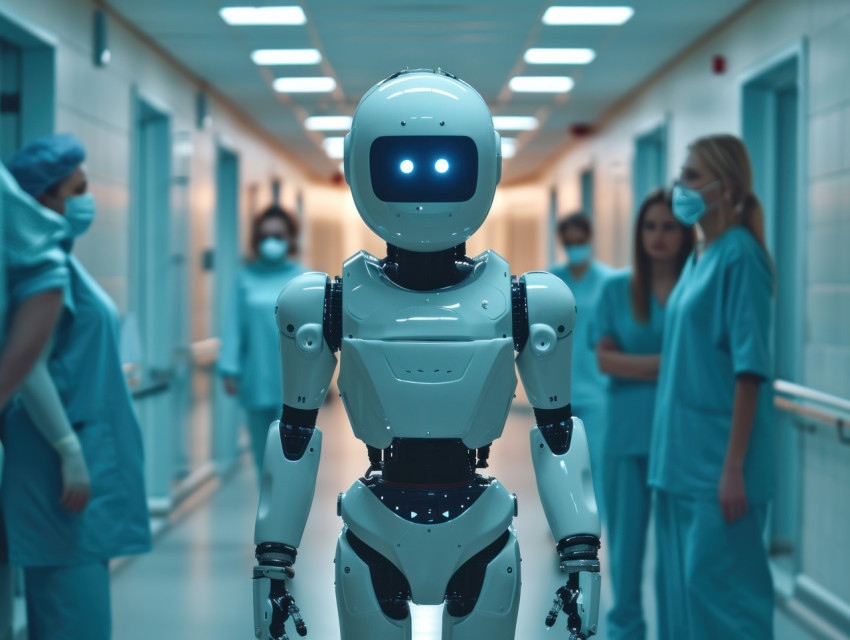 A robot medical doctor is surrounded by nurses