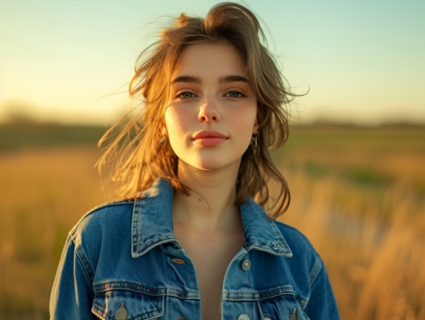 A stylish young woman poses in a denim jacket outdoors