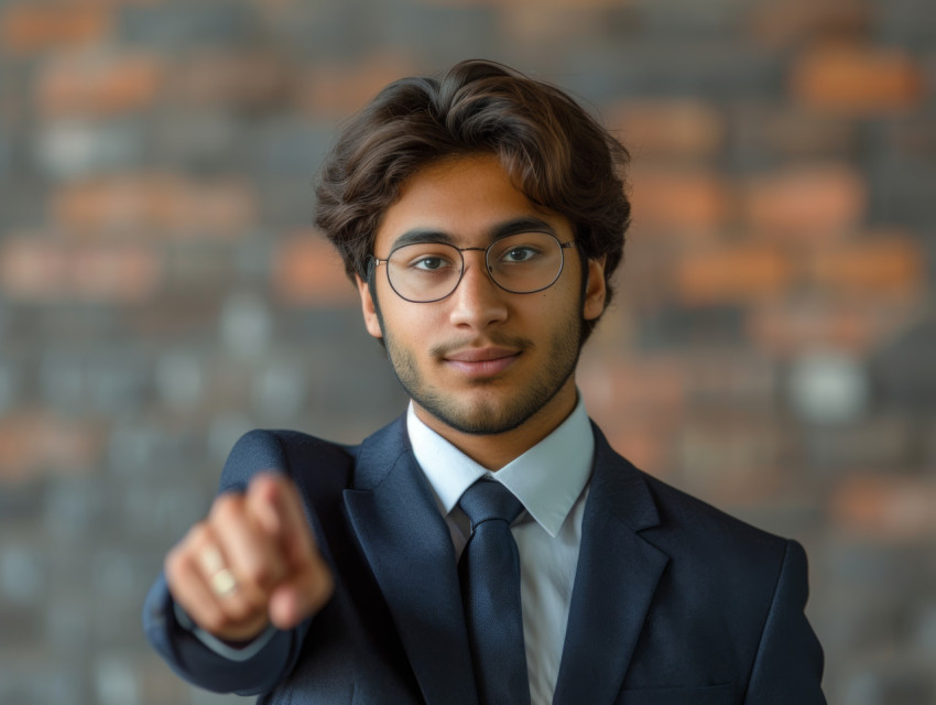 Confident young businessman looks forward pointing with enthusiasm