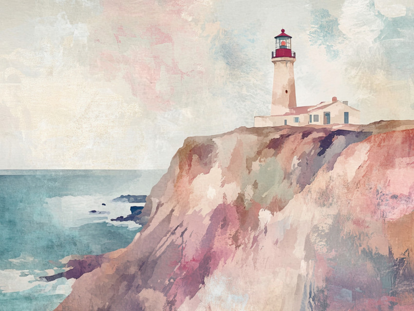 Tall lonely lighthouse standing on a rugged cliff above the ocean