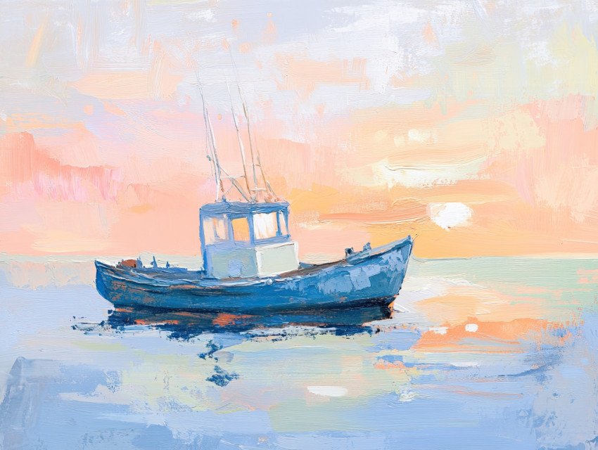 Small fishing boat floating on calm water at dawn