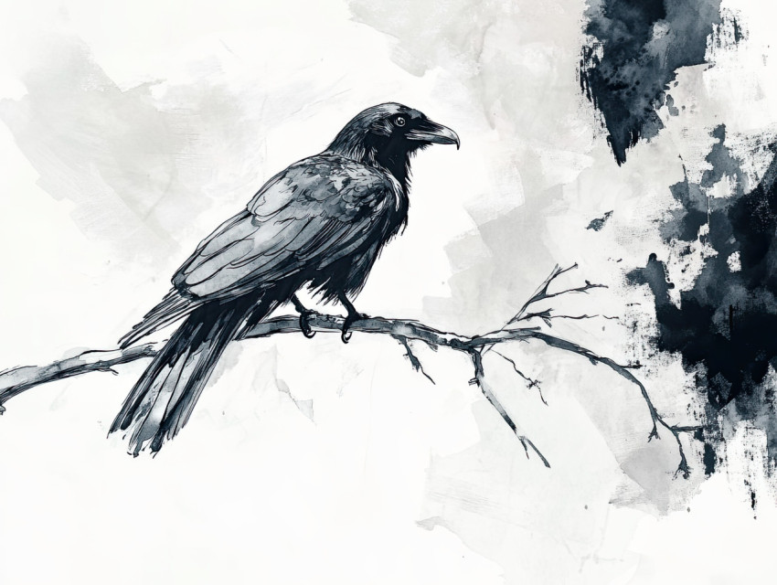 Dark raven perched on a branch Dark raven perched on a branch