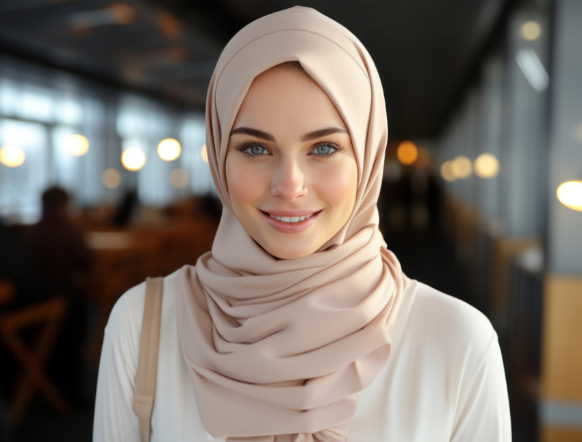 Hijabi young woman looking to camera in islamic hijab