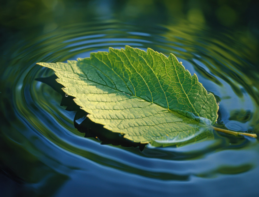 Green leaf floats on wavy water surface