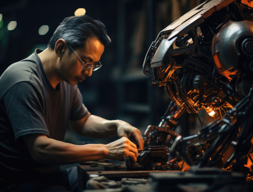 Man working on robot in factory