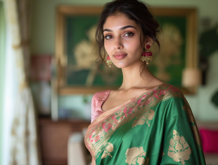 An indian woman in a green marathi sari