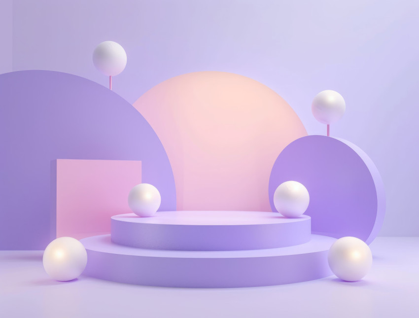 Vibrant purple and pink podium with white spheres