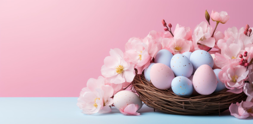 Basket filled with colorful easter eggs on a pink backdrop