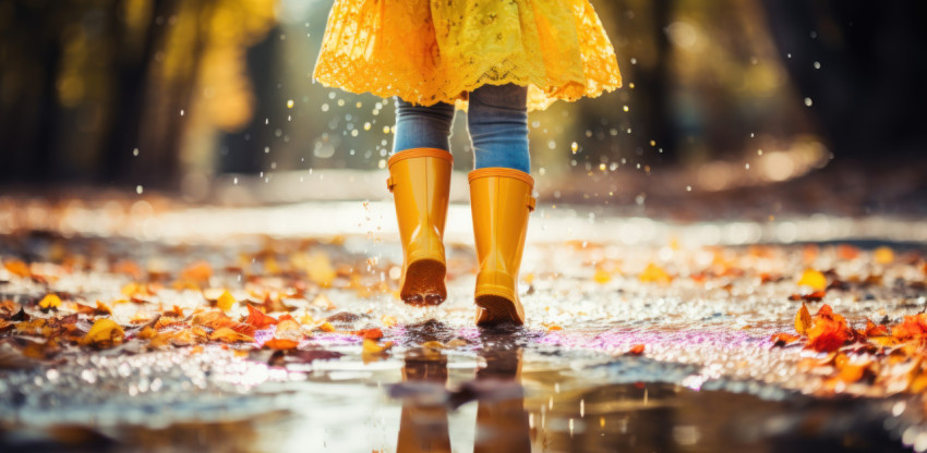 Girl playing with a rainbow umbrella and white rain boots in a rainy puddle