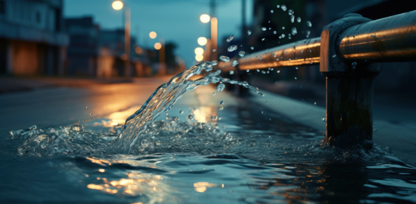 Water flowing from tap into street in the evening