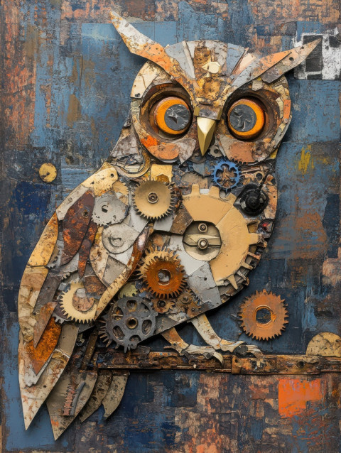 A mechanical owl with intricate gears and scrap metal parts, forming a steampunk-style abstract assemblage, unique arman assemblage blending mechanics and art