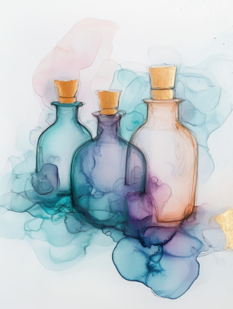 Mystic potion bottles blending into soft ink gradients