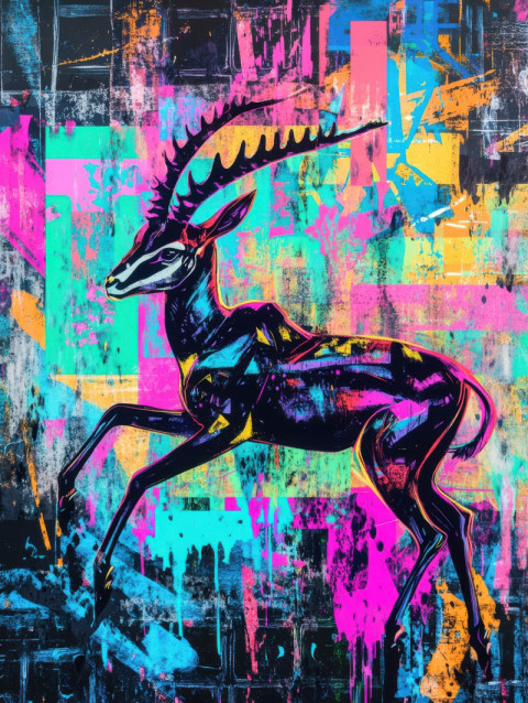 Wild gazelle leaping from neon calligraphy in bold