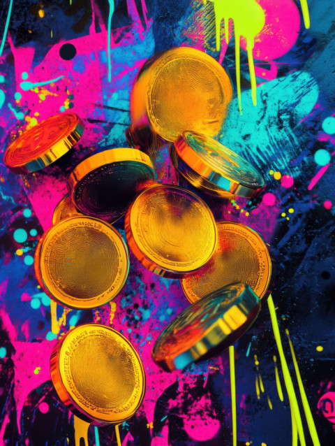 Gold coins bursting from stylized tags in bold