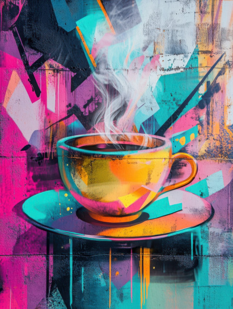 Spiced tea steaming in bold street art lines