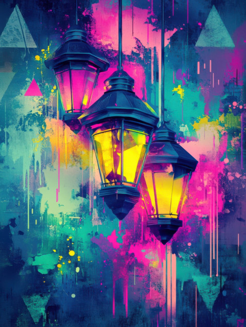 Lanterns glowing in layered spray paint splashes