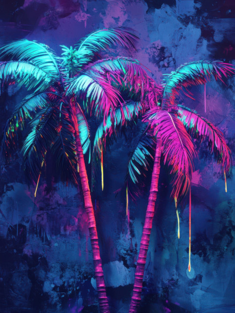 Palm trees bending in vivid neon streaks