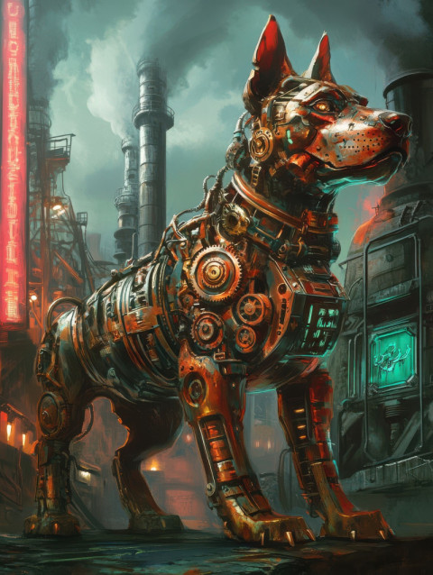 A cybernetic hound with brass plating stands alert