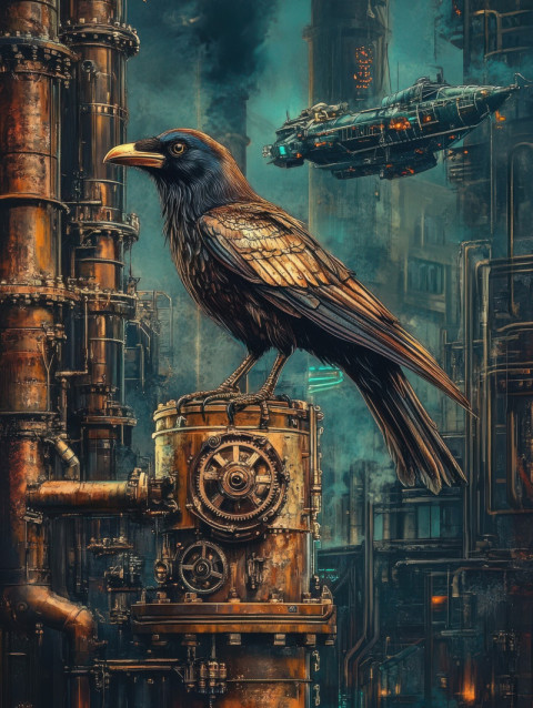 A mechanical crow perches on rusty pipes