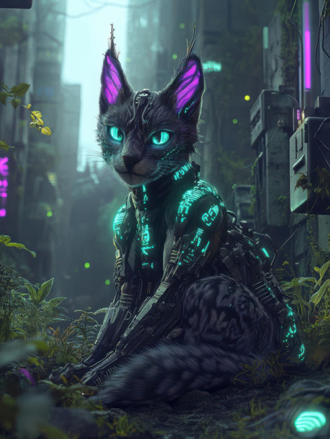 Augmented feline with neon bioluminescent fur prowling in a futuristic city