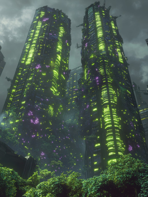 Towering organic skyscraper with pulsing biotech veins