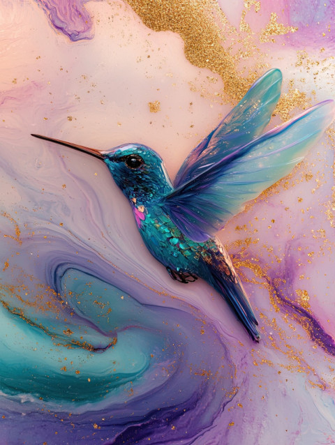 A hummingbird frozen in resin with gold flecks