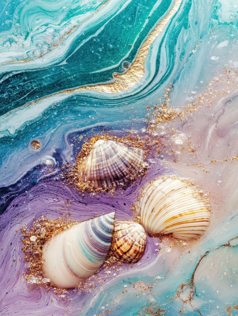 Ocean waves with embedded shells in resin