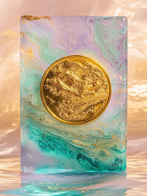 A resin coated golden coin with shimmer