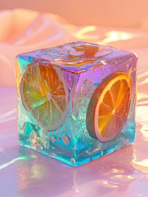 A resin ice cube with fruit slices inside