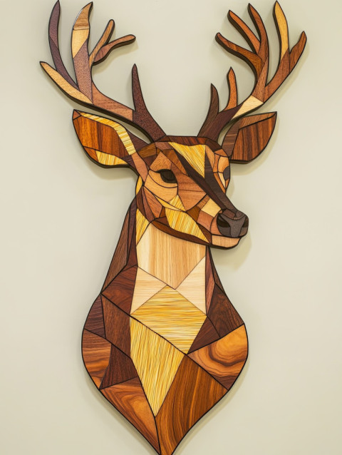 A deer crafted with intricate marquetry wood inlays