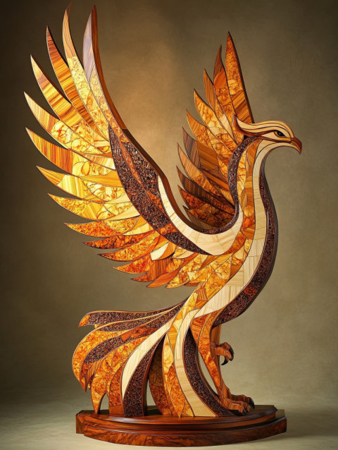 A phoenix with detailed marquetry wood inlays