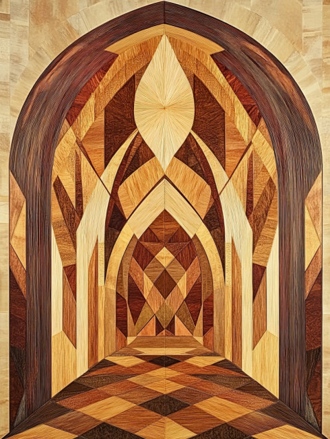 A cathedral faÃ§ade depicted in fine marquetry wood inlays