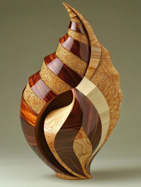 A seashell crafted with layered marquetry wood textures