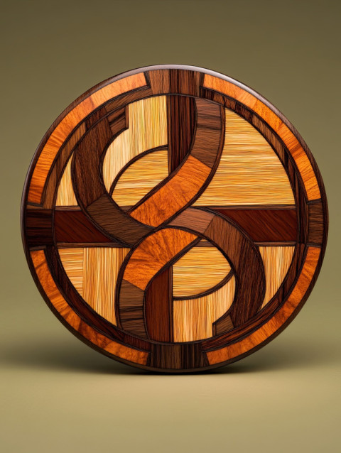 A wooden coin designed with fine marquetry wood inlays