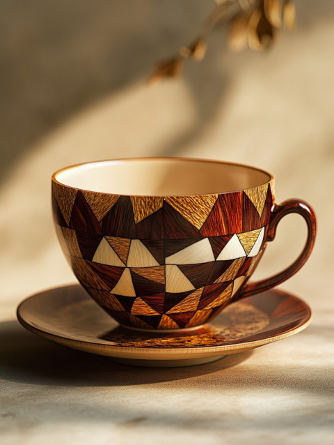 A teacup with swirling marquetry wood inlays